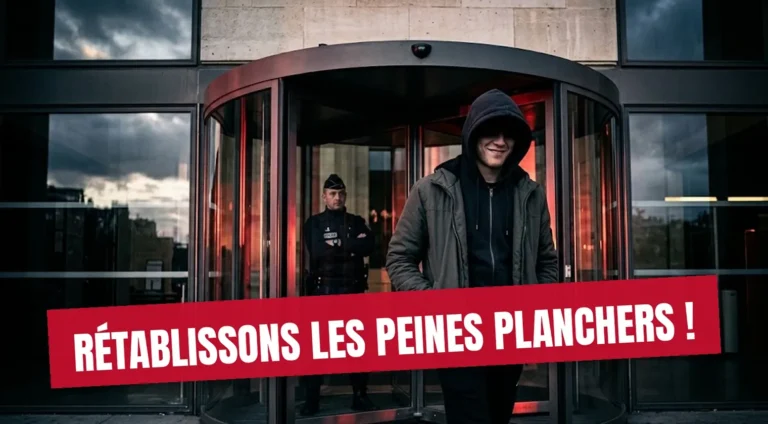 Un homme en capuche sort d'un tribunal par une porte tournante, un policier derrière lui. Bandeau : Rétablissons les peines planchers !