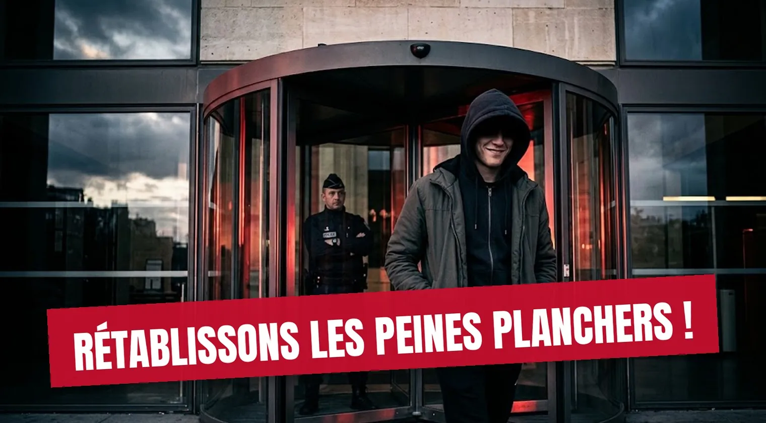 Un homme en capuche sort d'un tribunal par une porte tournante, un policier derrière lui. Bandeau : Rétablissons les peines planchers !